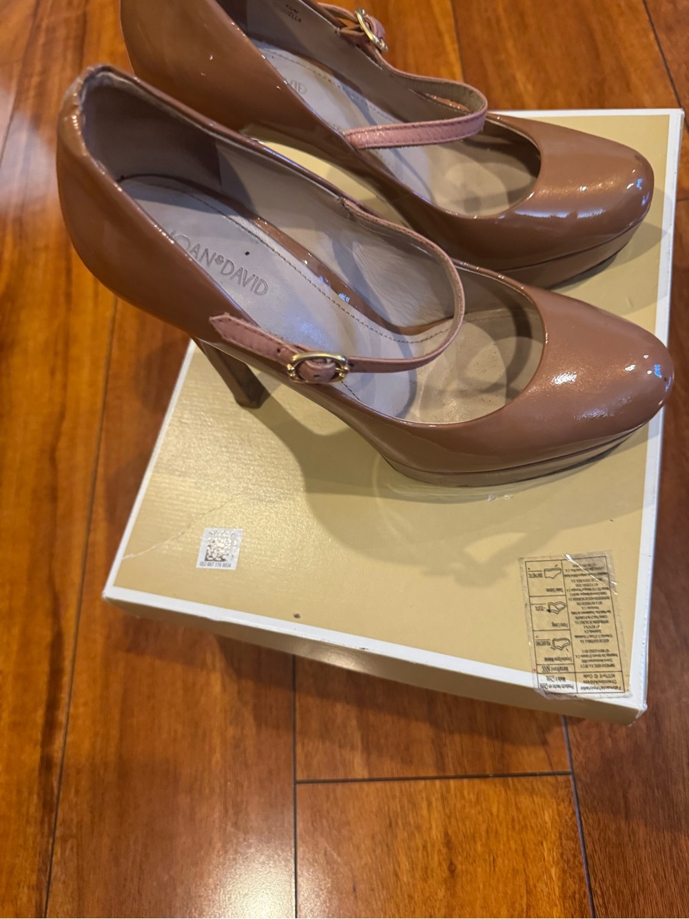 Joan & David Pinkish Tan Patent Mary Jane Heels with Gold Buckle